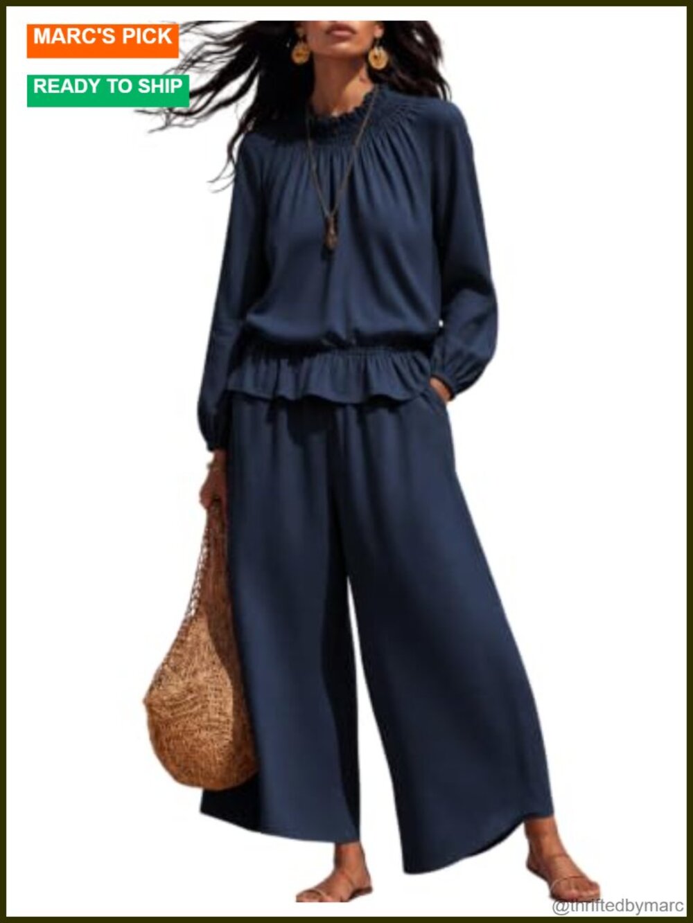 2 Piece Lounge Set Long Sleeve Blouse Wide Leg Pants Cotton Spandex